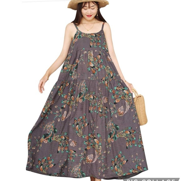 Yesno Dresses & Skirts - Yesno Flowy Gray Multi Bohemian Floral Print Cotton Swing Maxi Dress Size Small